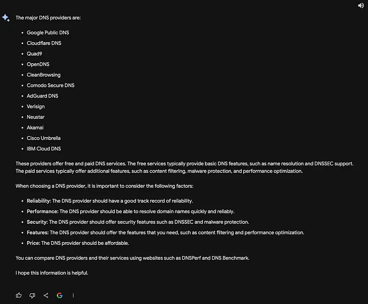 Bard's list of the major DNS providers