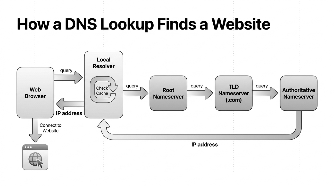 DNS resolution flow: a web browser asks a local resolver, which checks its cache and then queries a root nameserver, the TLD nameserver, and the authoritative nameserver, which returns the IP address back through the resolver to the browser so it can connect to the website