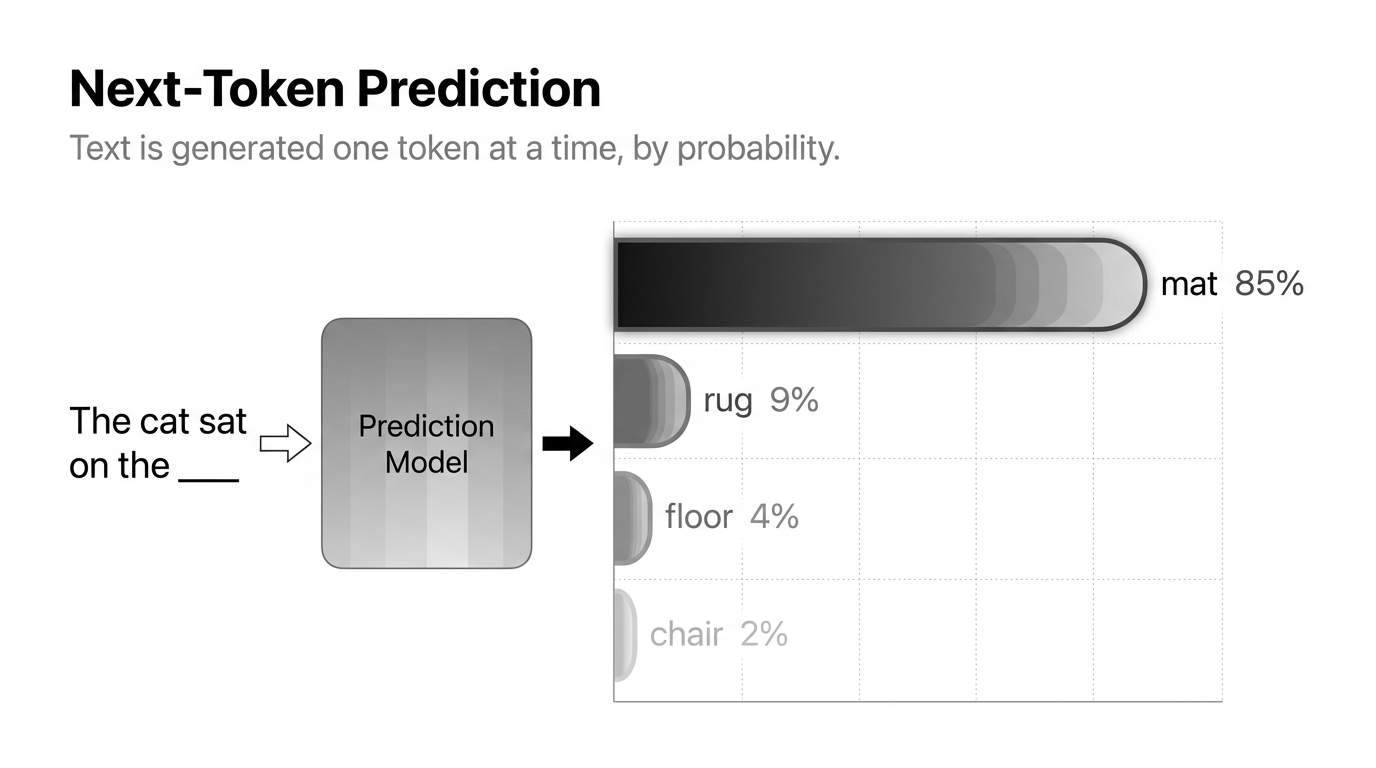 Next-token prediction: the partial sentence 'The cat sat on the' feeds into an AI prediction machine, which outputs candidate next words ranked by probability — 'mat' chosen as the most likely — illustrating that generative AI builds text one token at a time