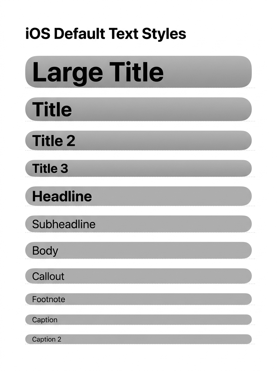 A type ramp of the iOS default text styles from largest to smallest: Large Title, Title, Title 2, Title 3, Headline, Subheadline, Body, Callout, Footnote, Caption, Caption 2