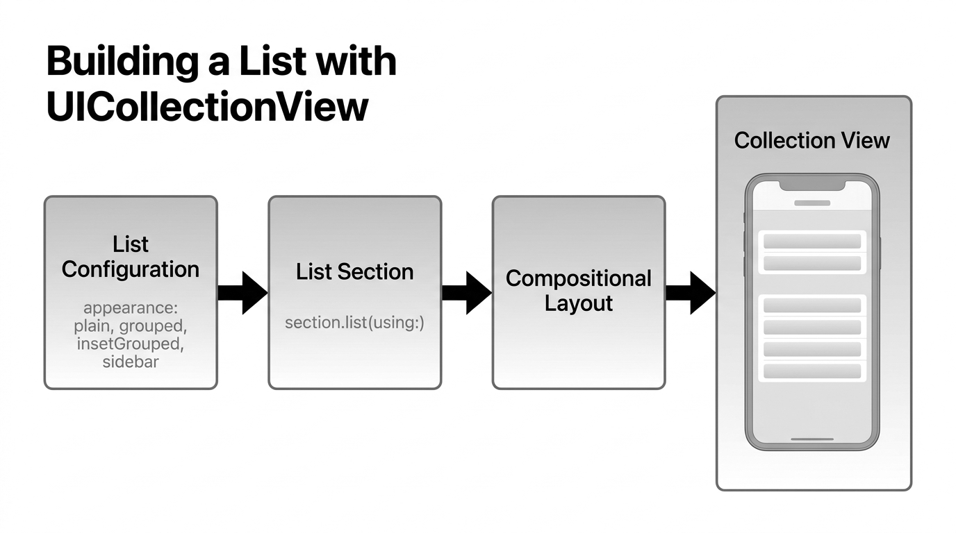 Assembling a list with a collection view: a list configuration (appearance: plain, grouped, insetGrouped, sidebar) feeds a list section, which feeds a compositional layout, which drives the collection view