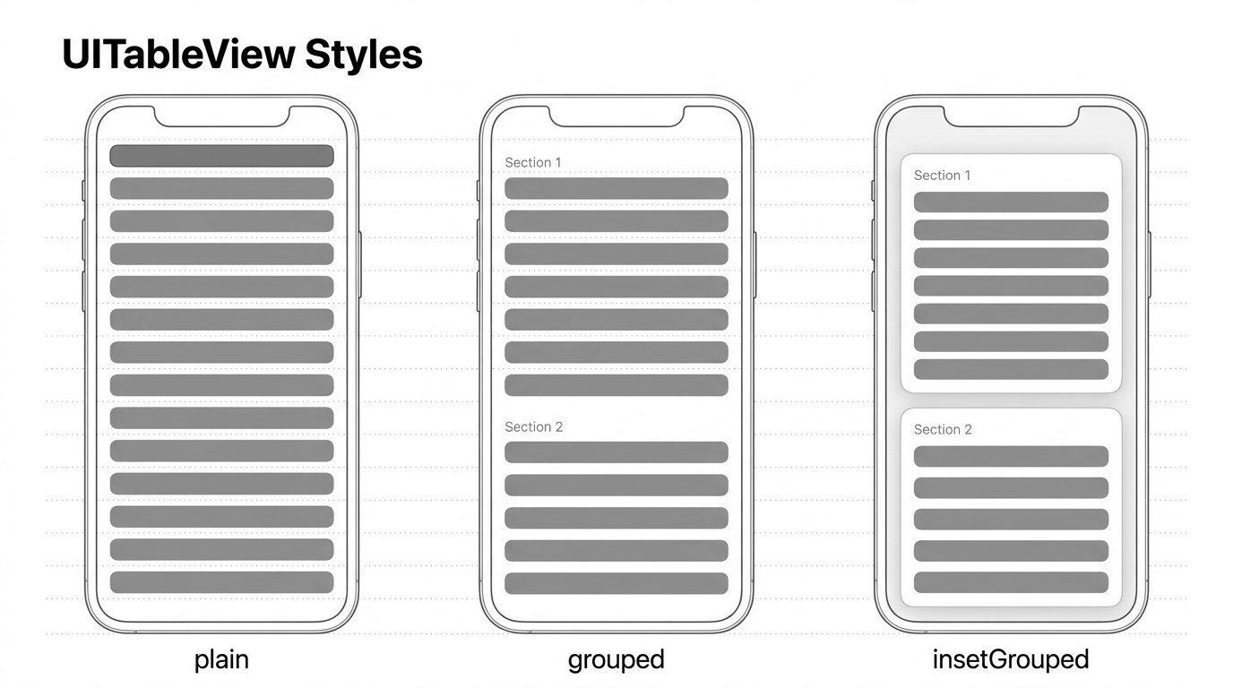 Comparison of the three UITableView styles side by side: plain (full-width rows with a sticky section header), grouped (full-width rows in spaced sections), and insetGrouped (rows in rounded cards inset from the screen edges)